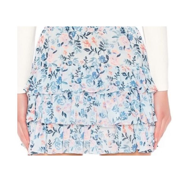 Lovers + Friends Mini Skirt Medium Women Floral Print Ruffle Blue Pink Tiered - Picture 4 of 13